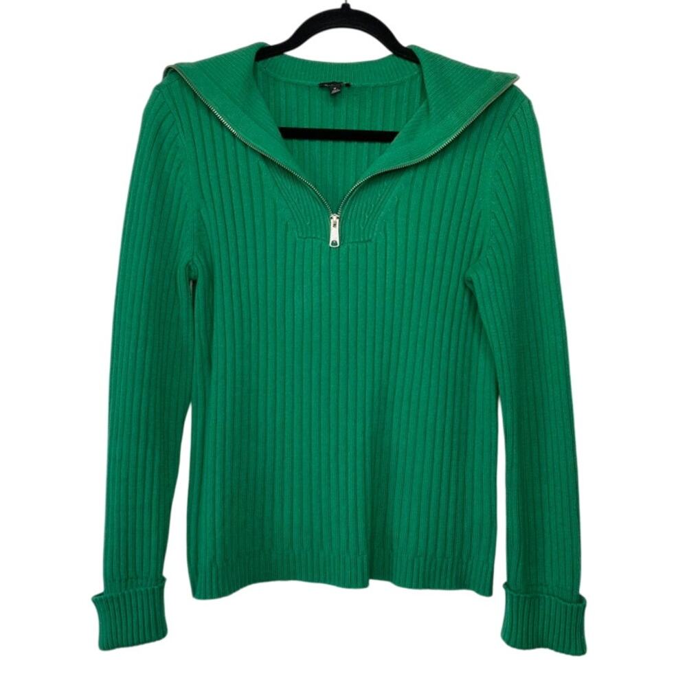 Talbots Mistletoe Green Half Zip Mock Neck Sweater Ribbed Knit Size Medium
